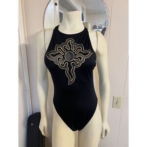 Vintage 1970s DeWeese Womens 12 One Piece Swimsuit Black Sunburst High Neck